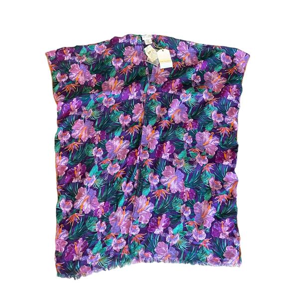 NEW Pool to Party Floral Fringe Swim COVER UP KIMONO Tropical Purple 100% Cotton - Picture 6 of 12